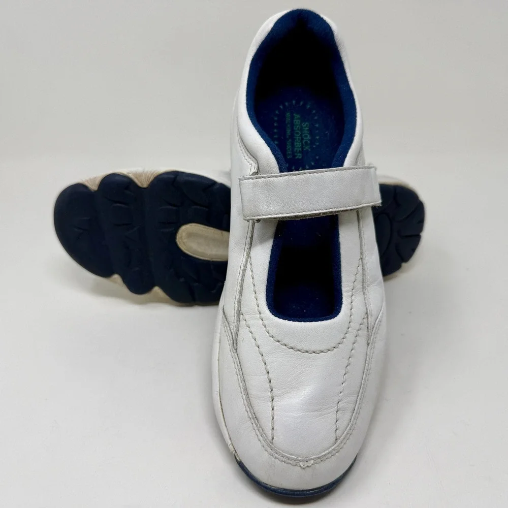 Propet W3868 Womens White Leather Mary Jane Walking Shoes Navy Blue Accent 7.5 M